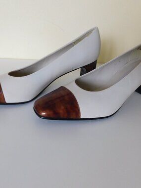 Etienne Aigner, Cream Lather and Patent Leather Combo Pumps